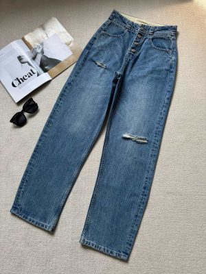 MM6 Early Spring New Item: Button-Fly High-Waist Slim-Fit Ripped Versatile Slightly Curved Denim Jeans