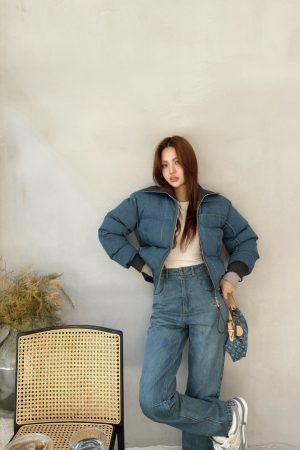 LV Denim Lapel Zipper Jacket Cotton Coat