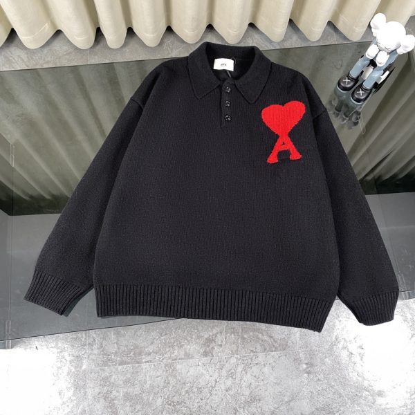 wsxc1762278056507_0 AMI classic jacquard large heart button stand-up collar POLO couple sweater