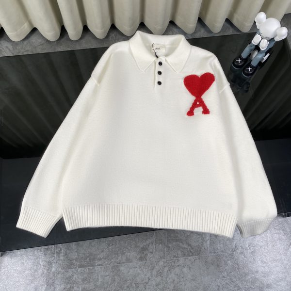 wsxc1762278059456_0 AMI classic jacquard large heart button stand-up collar POLO couple sweater