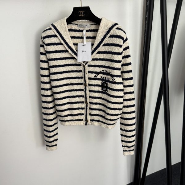 DIOR's new navy collar striped long-sleeved knitted cardigan